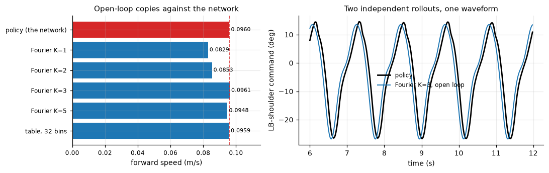 Left: forward speed by controller, with Fourier K=3 at 0.0961 m/s matching the network's 0.0960. Right: the network and the open-loop Fourier copy trace the same shoulder waveform.