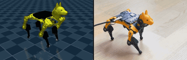 The shipped policy walking in MuJoCo on the left and on a real Bittle X on the right